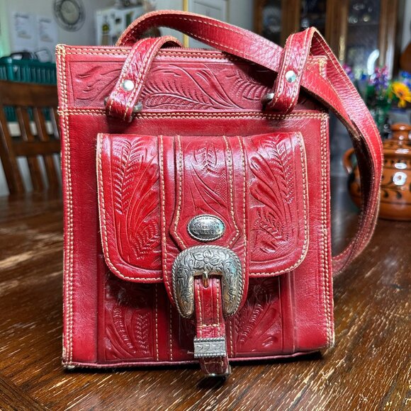 Vintage 90s Western Style Tooled Red Leather Shoulder Bag With Silver Buckle Det - Picture 1 of 12